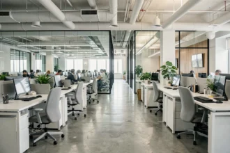 Espace de bureaux partagés moderne dans un centre d'affaires à Cergy avec des postes de travail ergonomiques et des cloisons vitrées