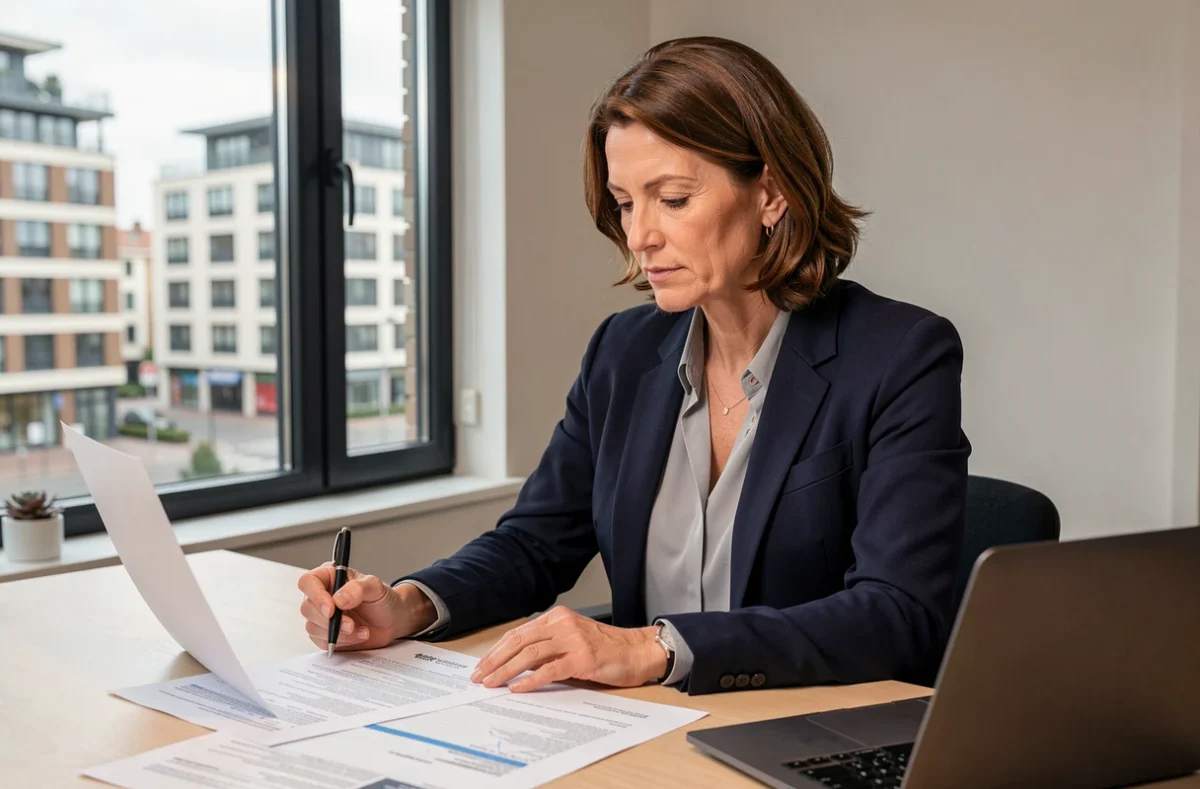 Femme professionnelle consultant des documents de location de bureau dans un espace de travail privé à Cergy