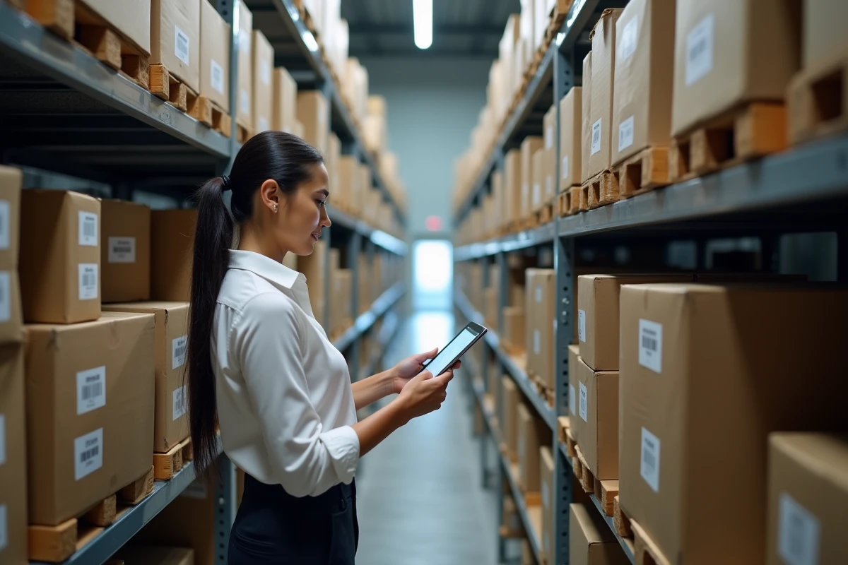 Responsable logistique PME consultant un logiciel de gestion de stock ERP sur tablette dans un entrepôt organisé