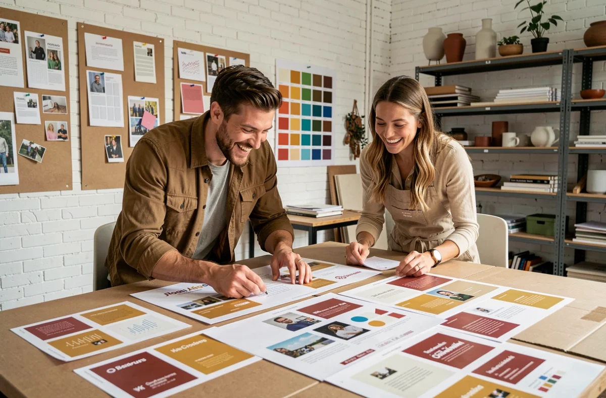 Duo créatif de l'agence LOKi révisant des maquettes d'identité visuelle dans leur studio du bassin bordelais