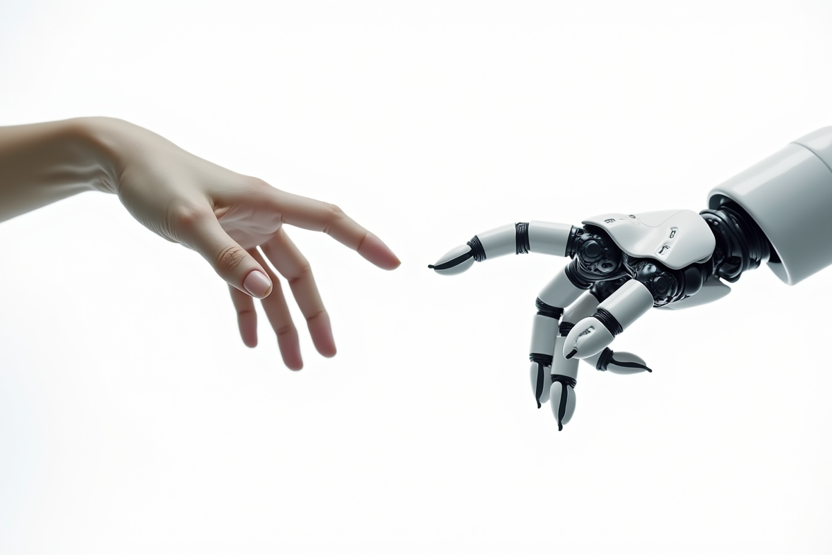 Main humaine et main robotique se touchant presque sur fond blanc