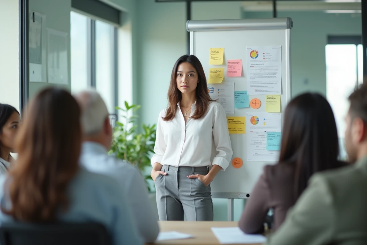 Jeune manager expliquant un tableau blanc avec collègues