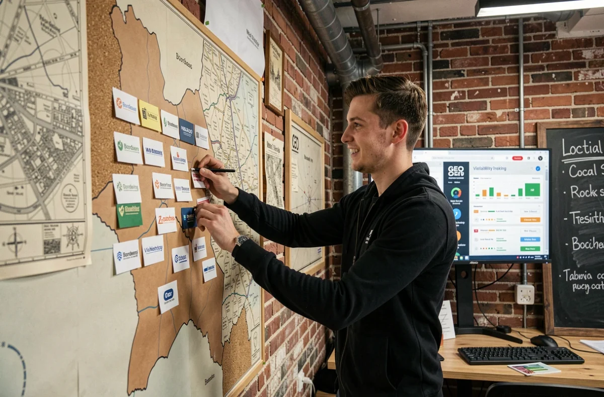 Spécialiste GEO de l'agence Mazette cartographiant la visibilité locale de clients bordelais sur une carte murale