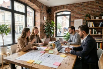 Vue d'ensemble d'une agence web moderne dans le Bas-Rhin avec une équipe de professionnels travaillant sur des projets digitaux