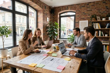 Vue d'ensemble d'une agence web moderne dans le Bas-Rhin avec une équipe de professionnels travaillant sur des projets digitaux