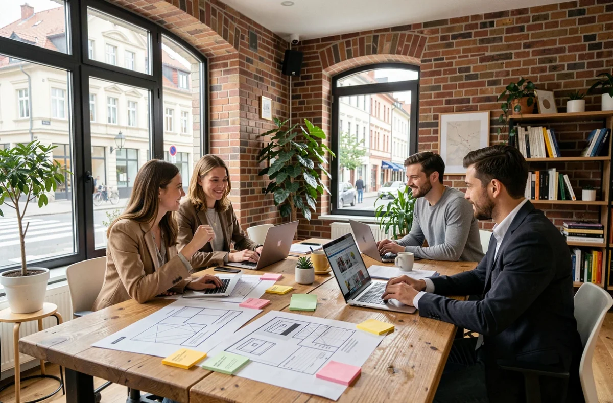 Vue d'ensemble d'une agence web moderne dans le Bas-Rhin avec une équipe de professionnels travaillant sur des projets digitaux