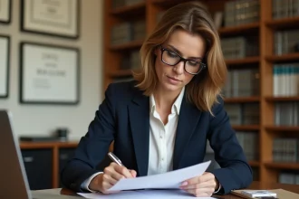 Femme professionnelle révisant les statuts d'une association autour d'une table de réunion avec des documents juridiques