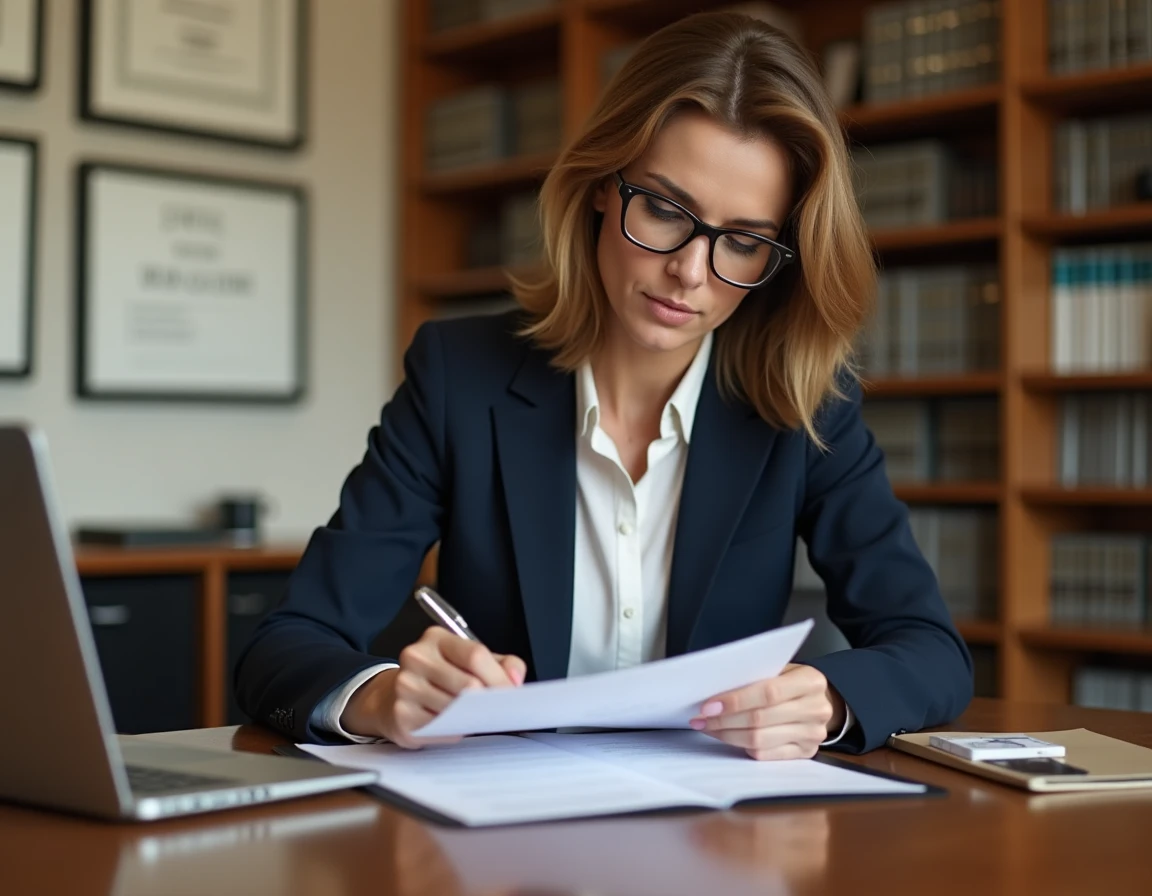 Femme professionnelle révisant les statuts d'une association autour d'une table de réunion avec des documents juridiques