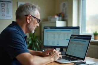 Moniteur d'auto-école utilisant le logiciel ELGEAWEB sur un ordinateur portable dans son bureau