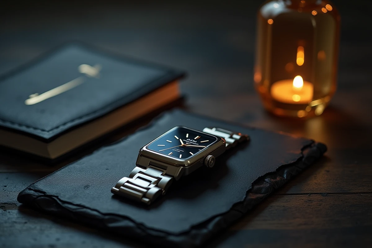 Nature morte élégante de montres et objets de luxe Richemont sur ardoise, évoquant l'investissement dans le luxe