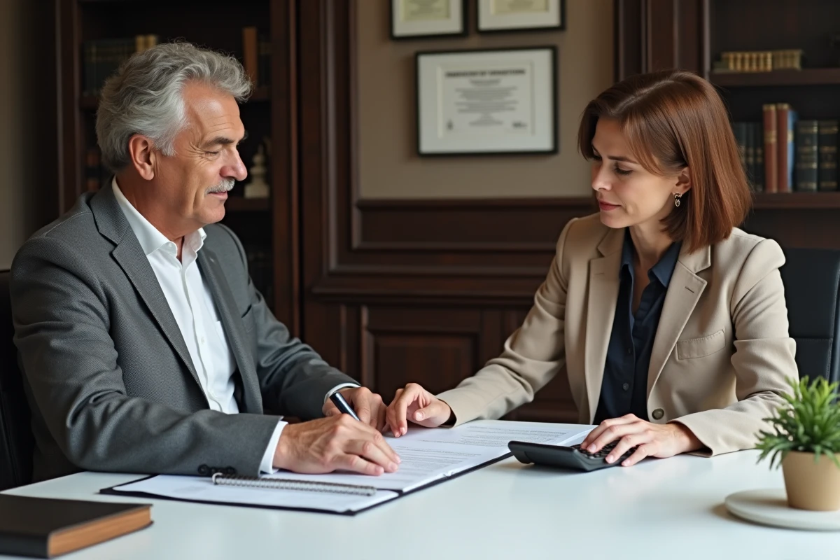 Deux professionnels &eacute;tudiant un contrat de cession de commerce avec calculatrice dans un bureau notarial