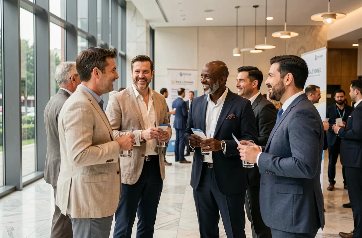 Cocktail de networking à la fin d'un événement professionnel avec des entrepreneurs échangeant des cartes de visite dans un hall moderne