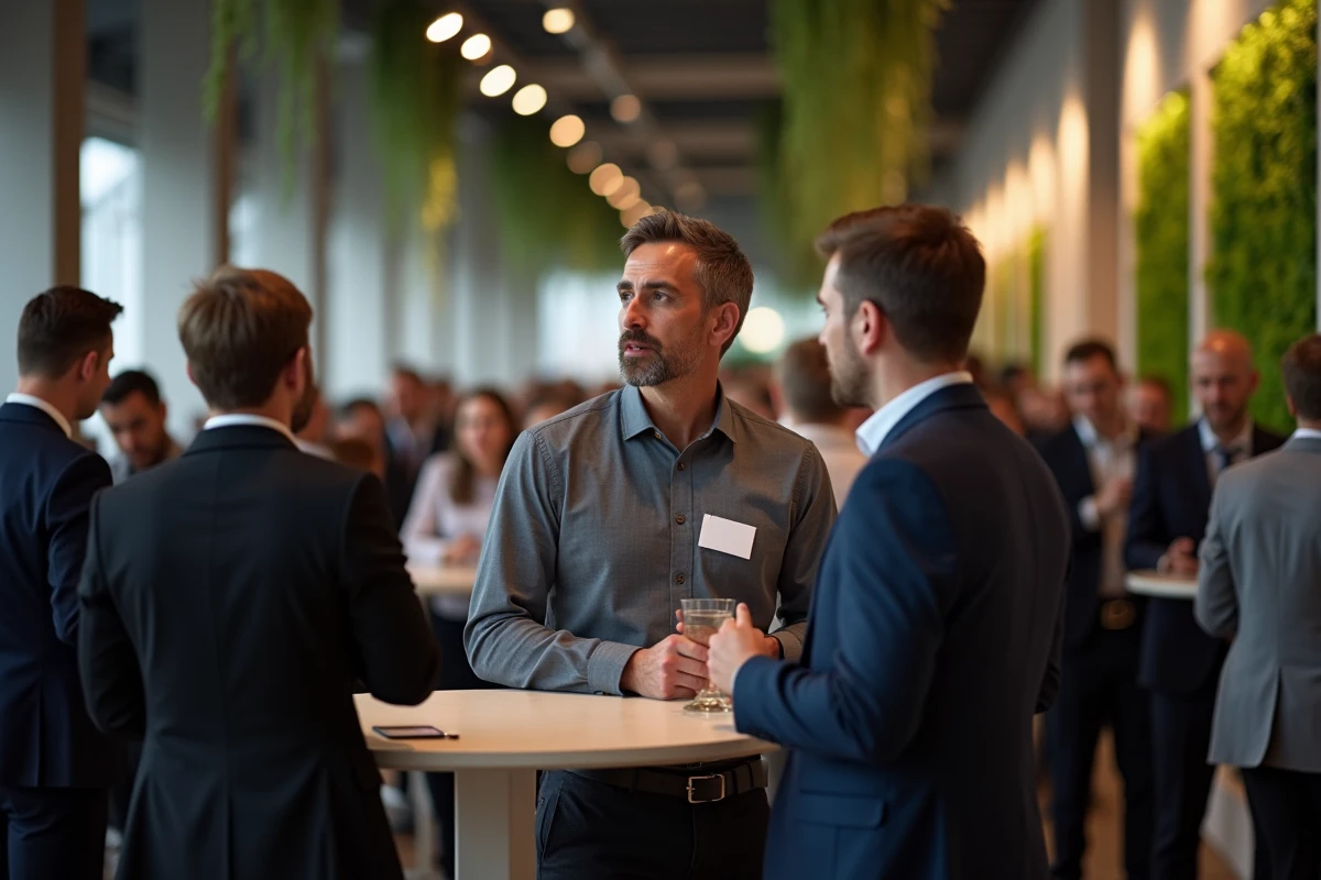 Entrepreneur en pleine conversation lors d'un événement de networking professionnel, échangeant des contacts avec d'autres dirigeants de PME