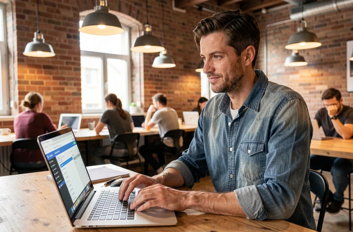 Nicolas Peter, freelance SEO, travaillant dans un espace de coworking avec des outils de recherche de mots-clés ouverts