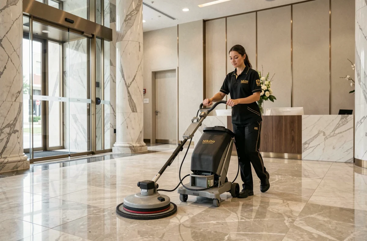 Nikita Nettoyage : agente en uniforme noir et or polissant un sol en marbre dans un hall d'immeuble haut de gamme