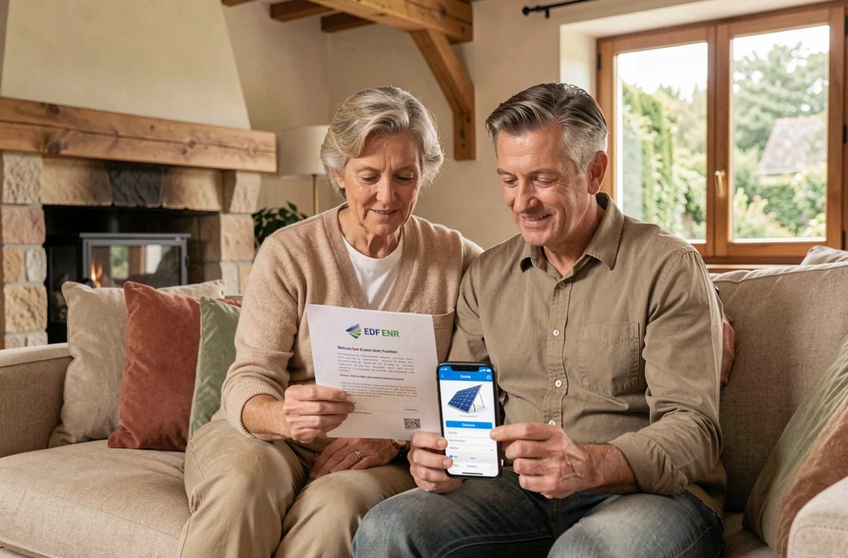 Couple de nouveaux producteurs d'énergie solaire consultant leur espace client EDF ENR sur smartphone et documents papier dans leur salon