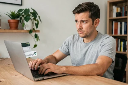 Homme tapant une nouvelle URL dans la barre d'adresse d'un navigateur sur un ordinateur portable dans un bureau à domicile