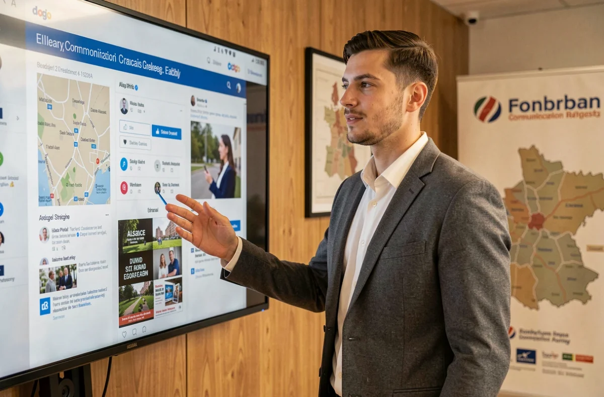 Consultant en communication locale présentant une stratégie de visibilité multicanale pour une entreprise alsacienne chez NRJ Global Régions