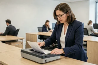 Femme professionnelle numérisant un document papier avec un scanner de bureau dans un open space moderne