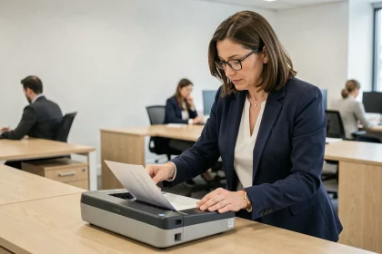 Femme professionnelle numérisant un document papier avec un scanner de bureau dans un open space moderne