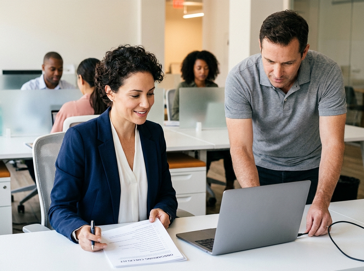 Une responsable RH et un technicien IT configurent ensemble un ordinateur portable lors de l'onboarding d'une nouvelle employée en entreprise