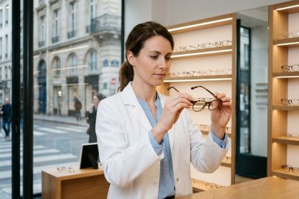 Opticienne dans sa boutique parisienne ajustant des montures de lunettes derrière un comptoir moderne entouré de présentoirs