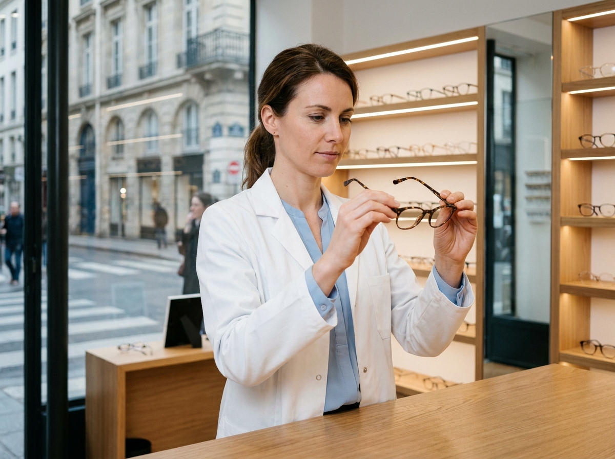Opticienne dans sa boutique parisienne ajustant des montures de lunettes derrière un comptoir moderne entouré de présentoirs