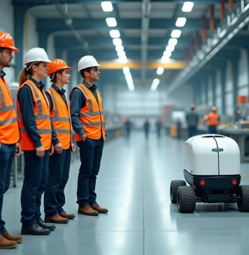 L’automatisation en mouvement : les nouvelles technologies de transport en usine Groupe d'ouvriers industriels observant un robot autonome