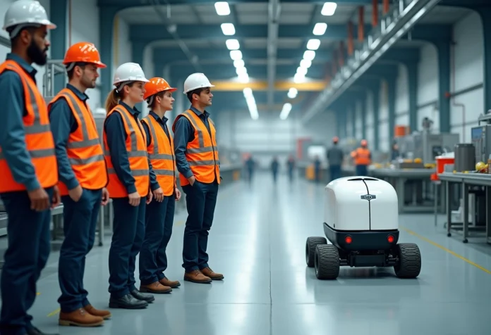 Groupe d'ouvriers industriels observant un robot autonome