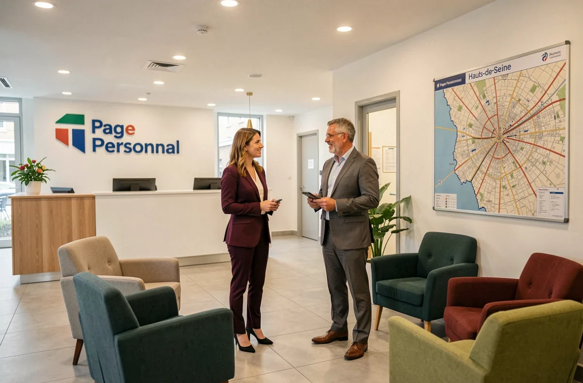 Espace d'accueil du cabinet Page Personnel avec des recruteurs recevant des candidats dans les Hauts-de-Seine