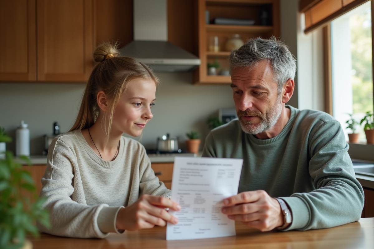 Pere et fille regardant le ticket de caisse dans la cuisine