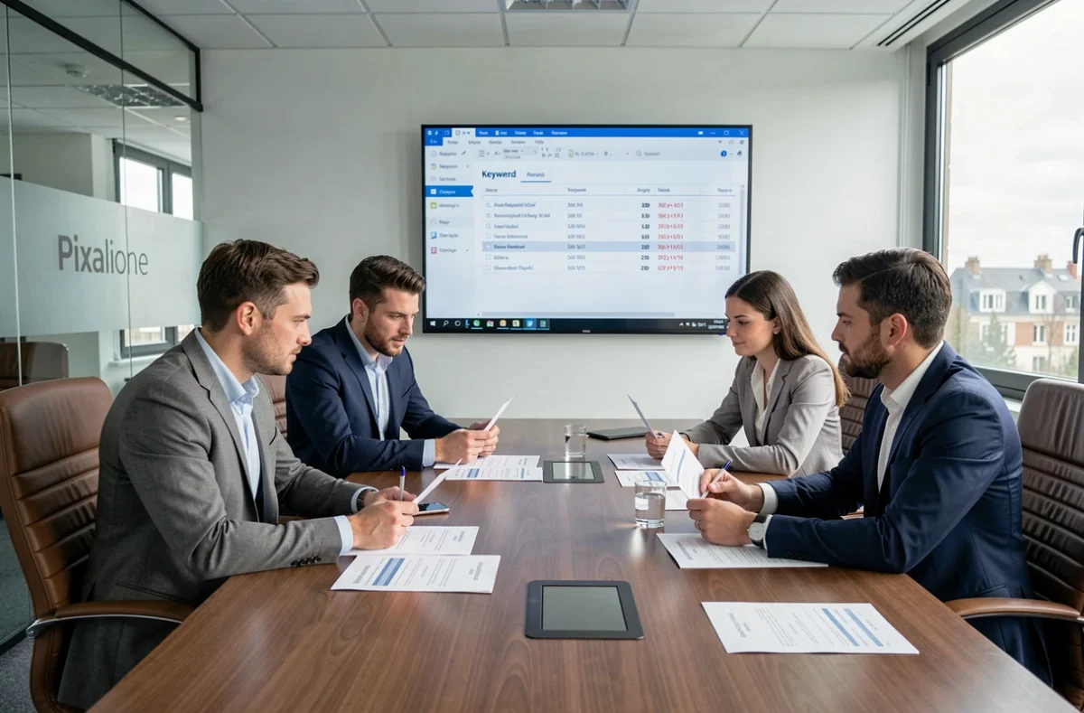 Équipe de Pixalione réunie en salle de réunion pour analyser des rapports SEO et des classements de mots-clés en Île-de-France Ouest