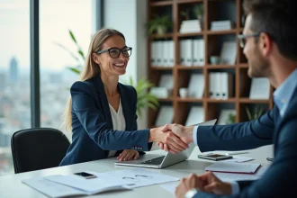 Deux professionnels concluant un partenariat commercial lors d'une réunion en PME, poignée de main autour d'une table de conférence moderne