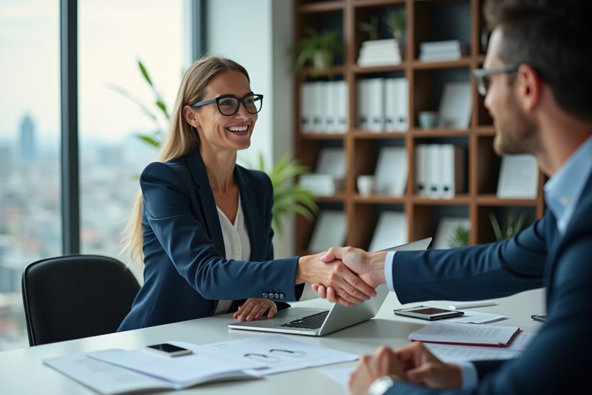 Deux professionnels concluant un partenariat commercial lors d'une réunion en PME, poignée de main autour d'une table de conférence moderne