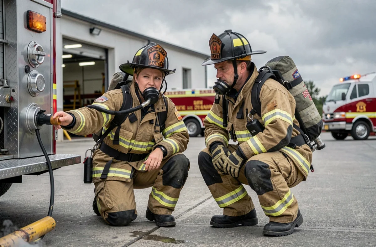 Deux sapeurs-pompiers en tenue AGATT effectuant une vérification des connexions d'appareil respiratoire isolant lors d'un exercice pratique en caserne