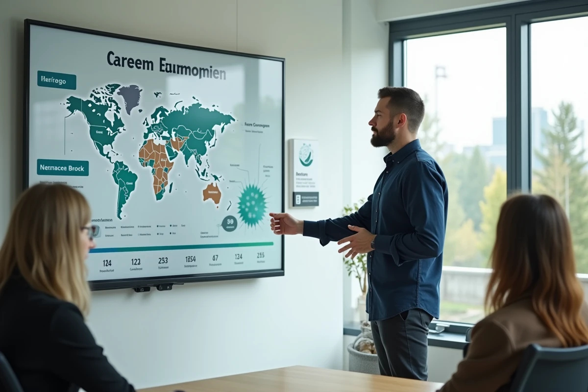 Entrepreneur présentant les statistiques de l'économie verte locale dans une salle de réunion d'un pôle éco-industriel