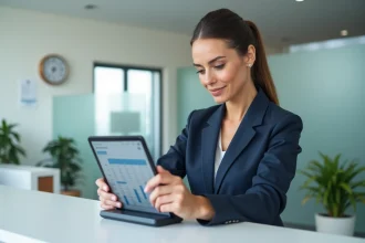 Professionnelle utilisant une interface de prise de rendez-vous en ligne sur tablette à un bureau de réception moderne