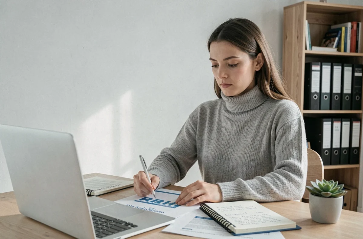 Jeune professionnelle étudiant les options de portage salarial RH Solutions à son bureau à domicile