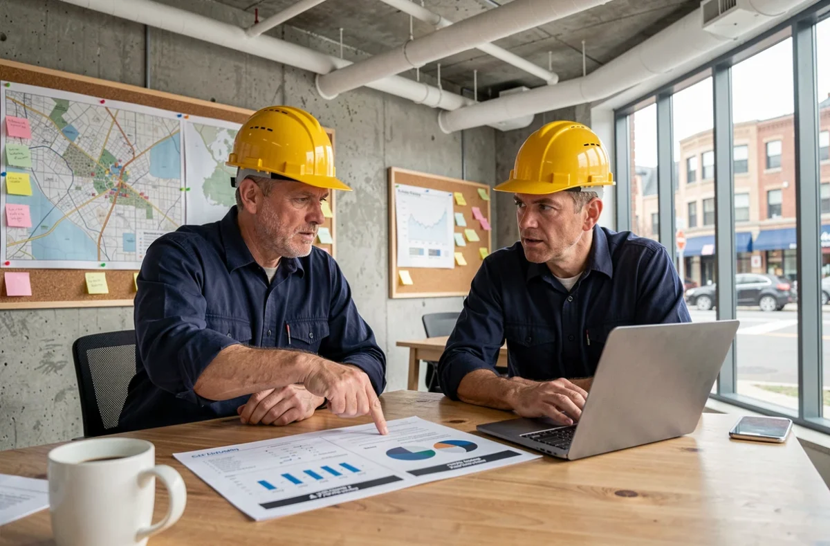 Deux professionnels du bâtiment analysant et comparant des plateformes de chantiers en ligne autour d'une table de réunion dans un bureau moderne