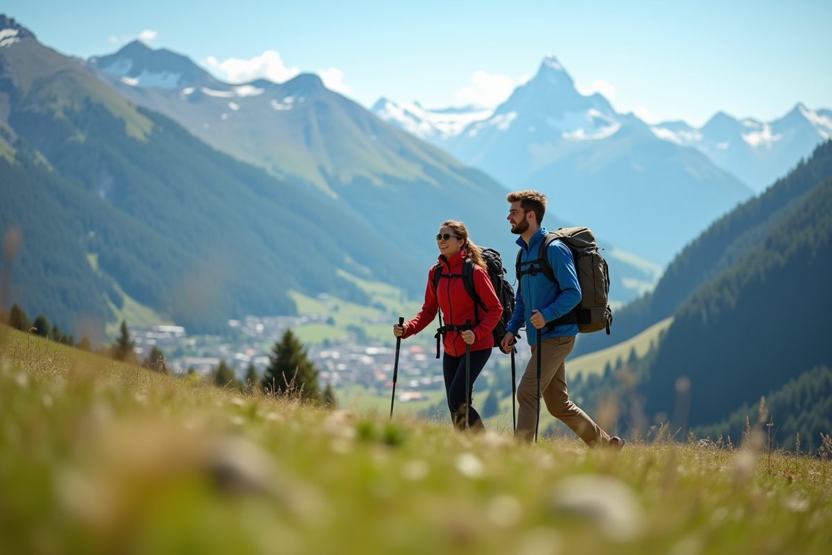 Deux employés randonnant dans les Alpes suisses en journée
