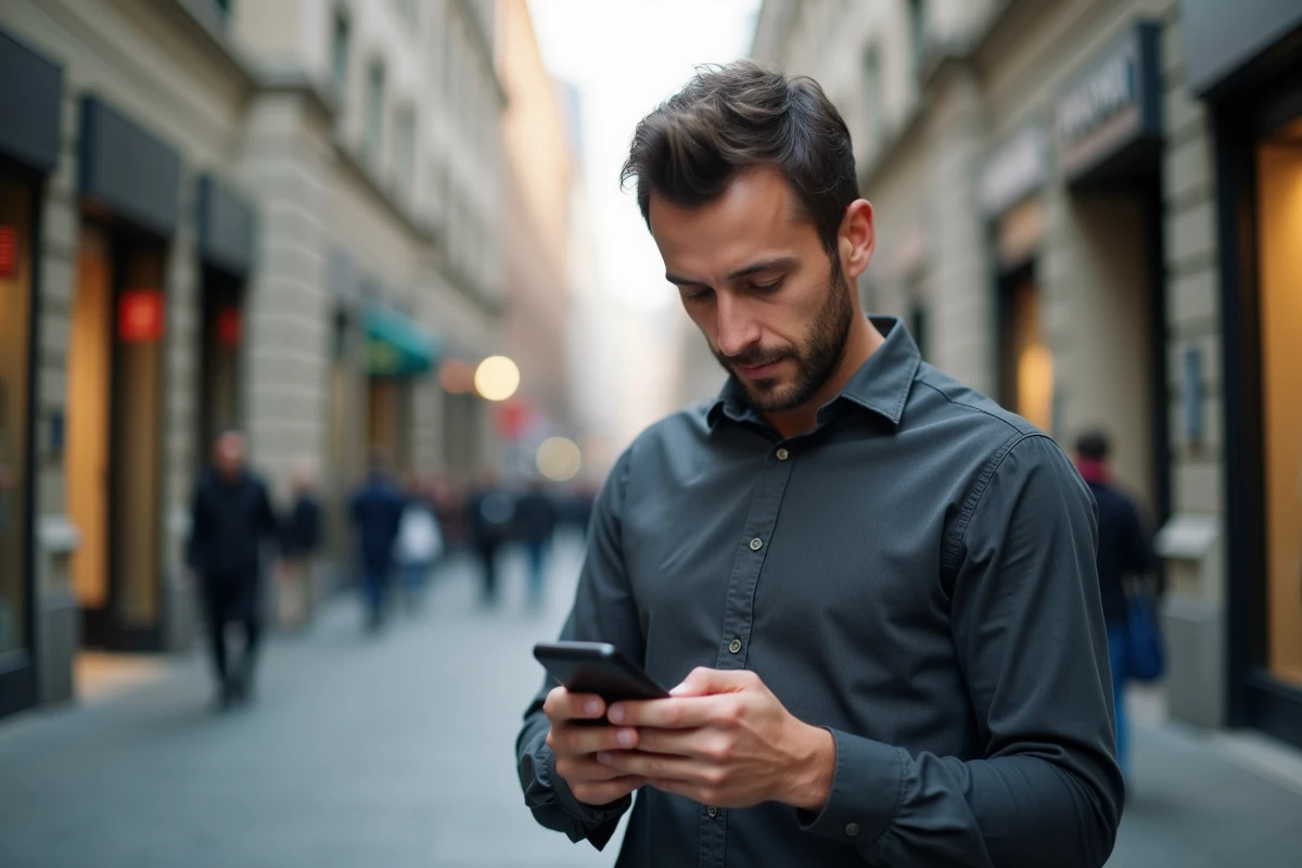 Homme recevant un rappel de rendez-vous par SMS sur son smartphone en pleine rue