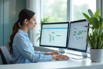 Réceptionniste consultant un logiciel de gestion de rendez-vous en ligne dans un cabinet médical moderne