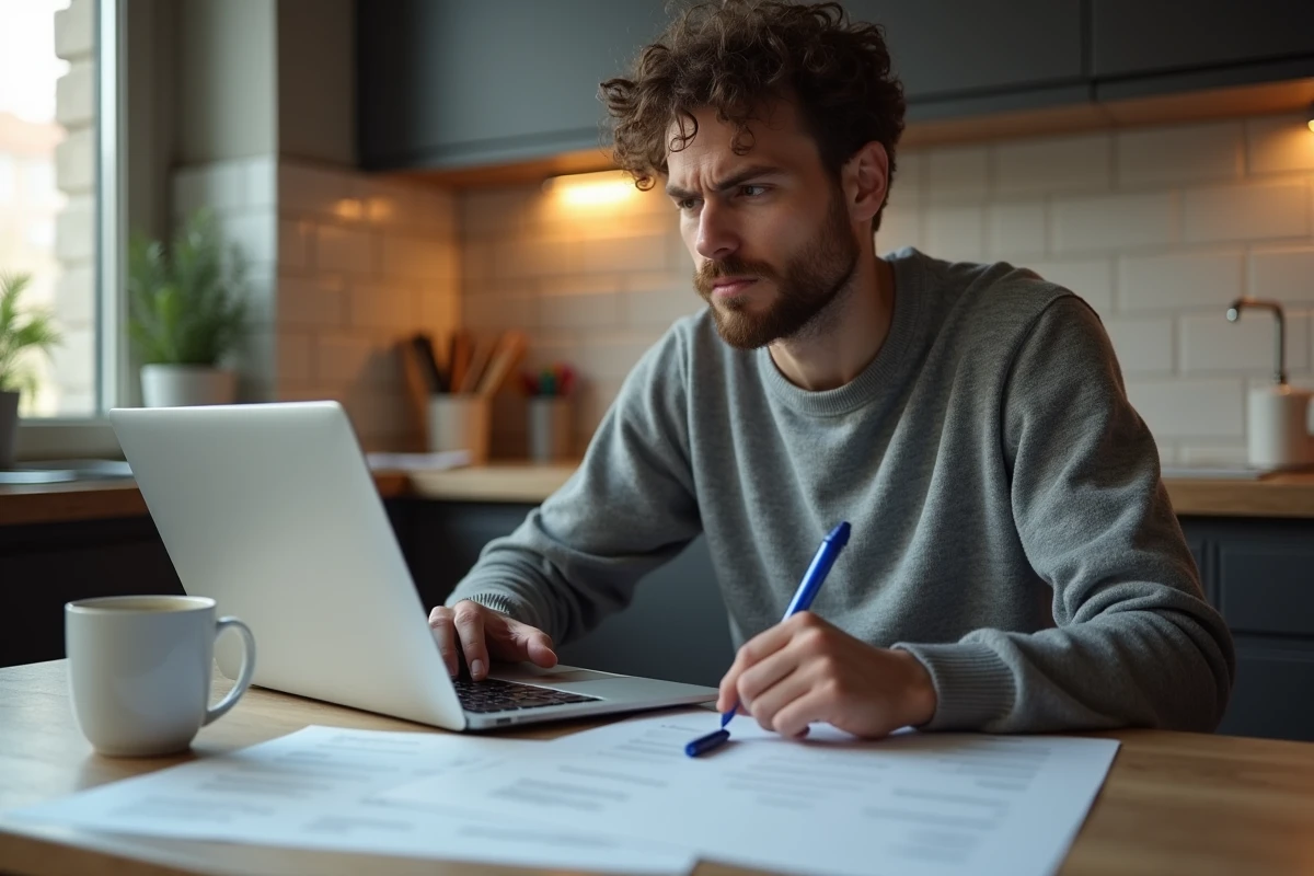 Jeune homme rédigeant une lettre de démission de contrat d'apprentissage chez lui devant un ordinateur portable
