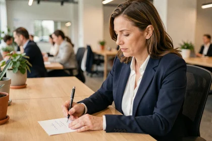 Femme rédigeant un mot de départ manuscrit pour un collègue dans un bureau moderne