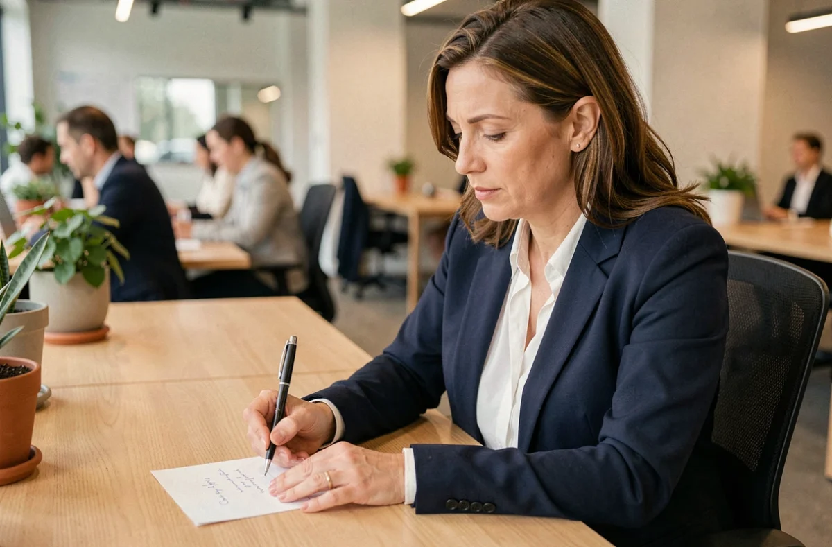 Femme rédigeant un mot de départ manuscrit pour un collègue dans un bureau moderne