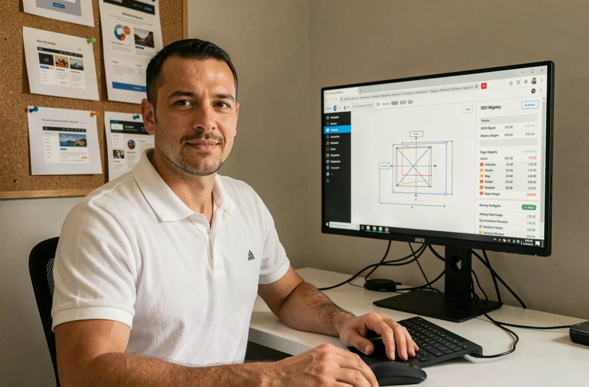 Cherif, consultant de Refonte Up, analysant une stratégie de refonte SEO sur son ordinateur dans son bureau
