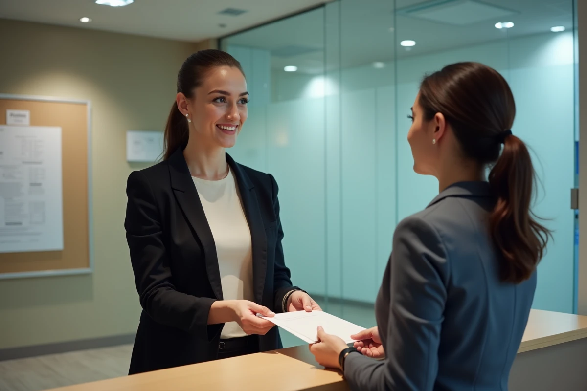 Apprentie remettant une lettre de démission à une responsable des ressources humaines dans un couloir de bureau