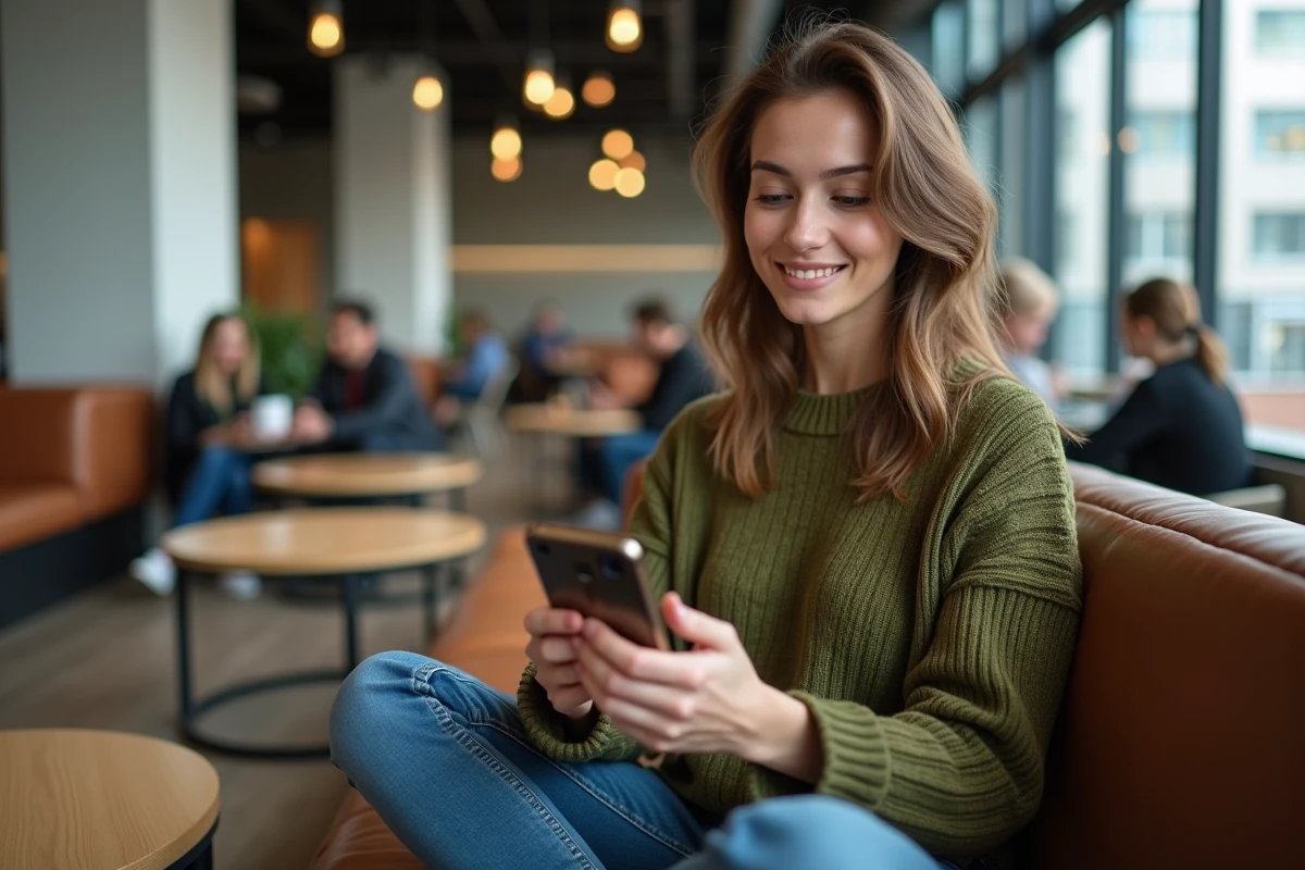 Jeune professionnelle réservant un rendez-vous en ligne sur smartphone dans un espace de coworking moderne