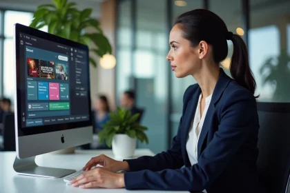 Responsable CSE configurant la billetterie Advango sur son ordinateur dans un open space moderne