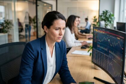 Responsable financière analysant un logiciel de trésorerie sur un grand écran dans un bureau moderne